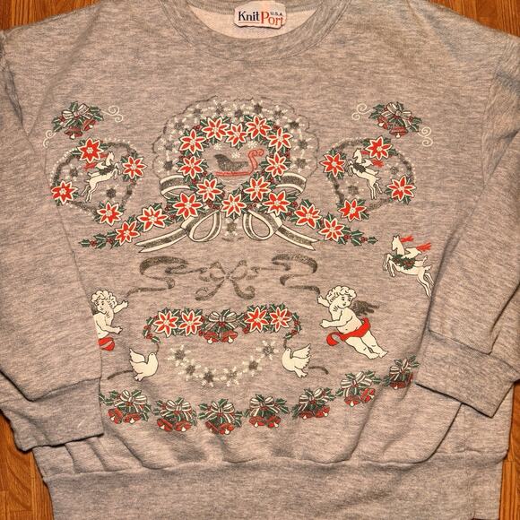Vintage KnitPort Holiday Cherub Wreath Crewneck Sweatshirt Women’s Large - Picture 3 of 4
